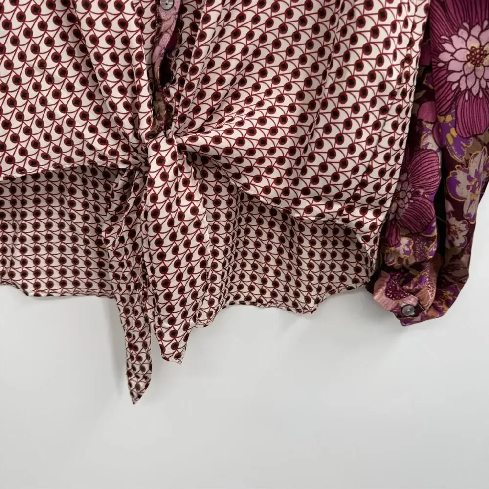 Mystree Button Up Shirt Womens S Merlot Burgundy Tie Front Mixed Floral Boho - Picture 9 of 13